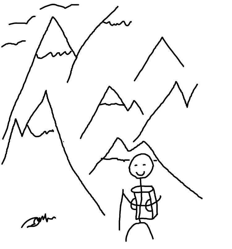 A masterfully drawn cartoon depiction of Samuel hiking cheerfully in the mountains. In the background, three guls hover in an ecologically implausible formation above snowcapped mountains. Samuel carries a stick and wears a knapsack on his back of the kind that is only used to illustrate the Knapsack Problem. The image is signed skillfully, but illegibly. It's the kind of signature that conveys a profound passion for the digital form.